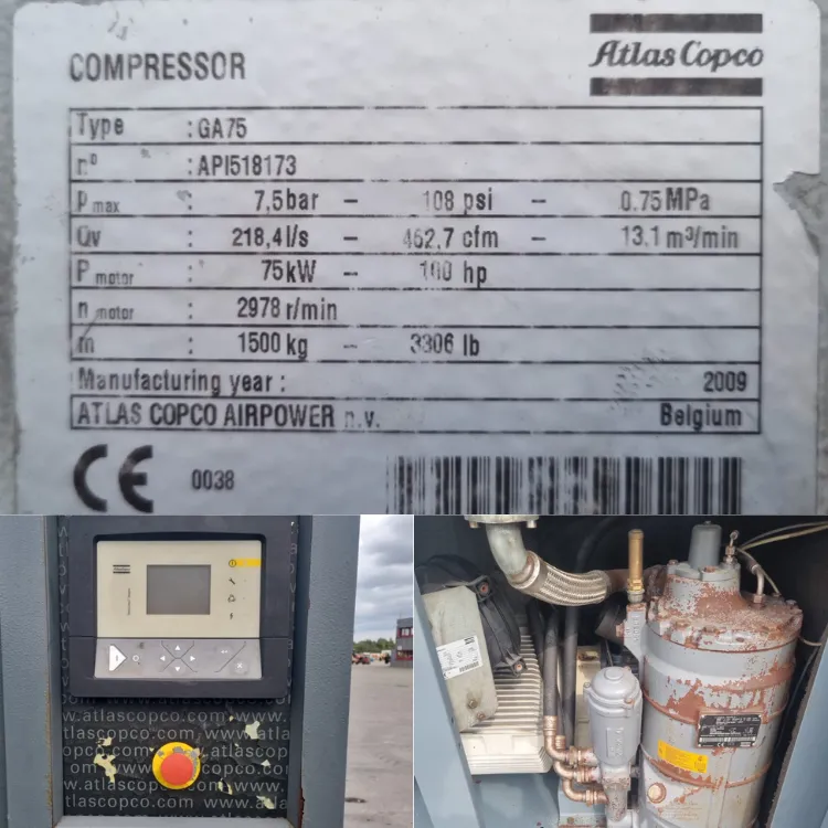 Máy nén khí Atlas Copco 75kw 100Hp cũ (bãi)