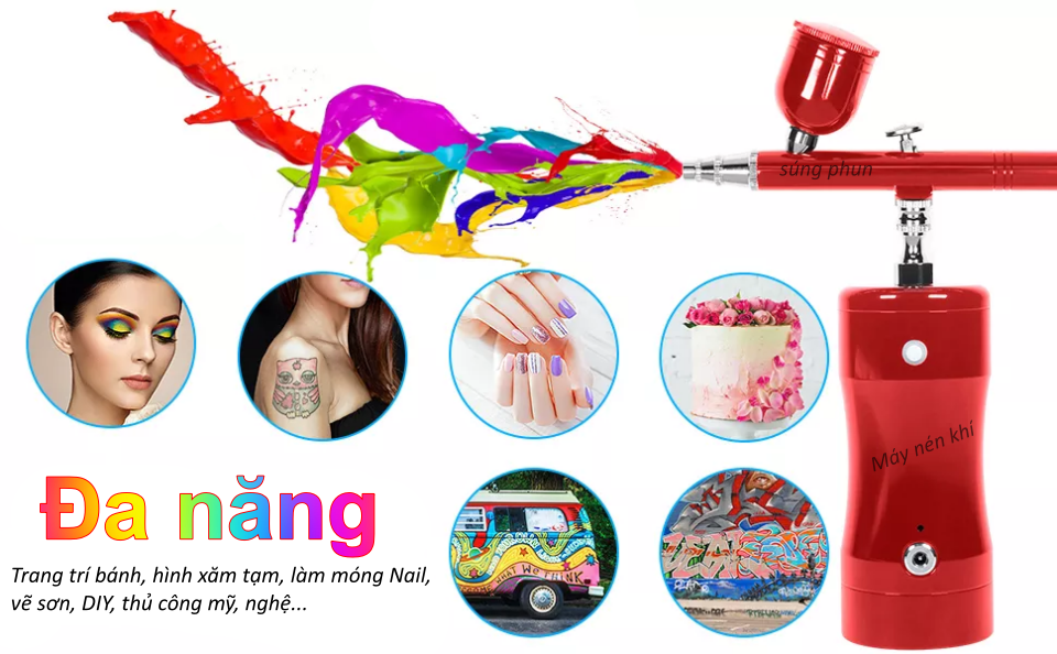 Máy nén khí mini đa năng phun xăm vẽ sơn, trang tri